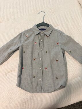 Janie and Jack Gray worn twice Embroidered Holiday Button-Down Shirt